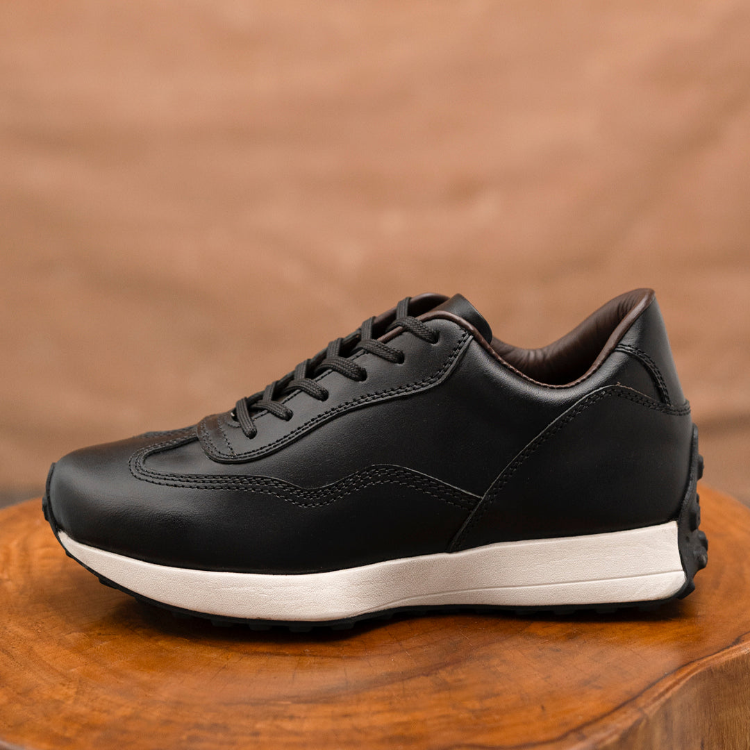Classic Retro Leather Sneakers (Raven Black With White Sole)