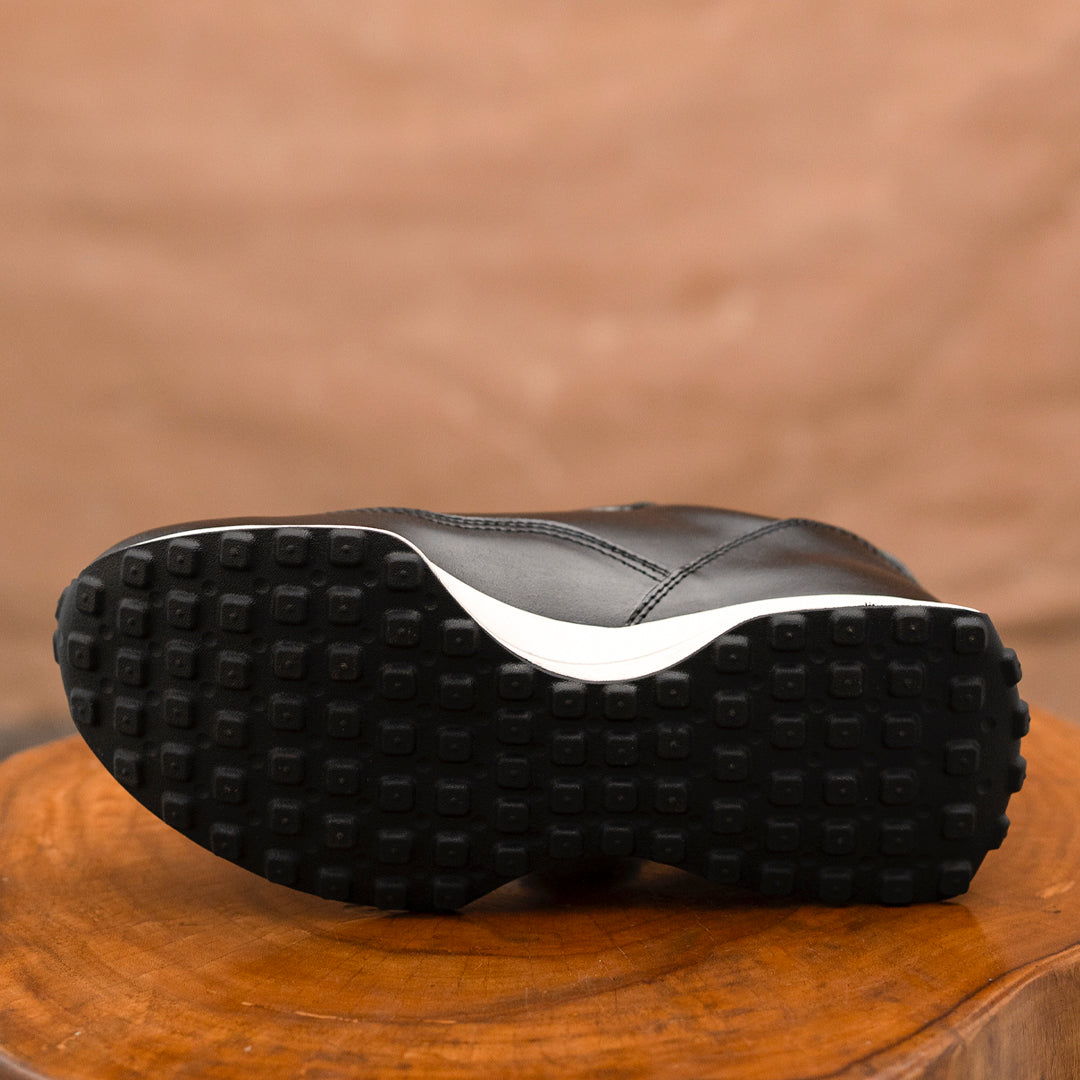 Classic Retro Leather Sneakers (Raven Black With White Sole)