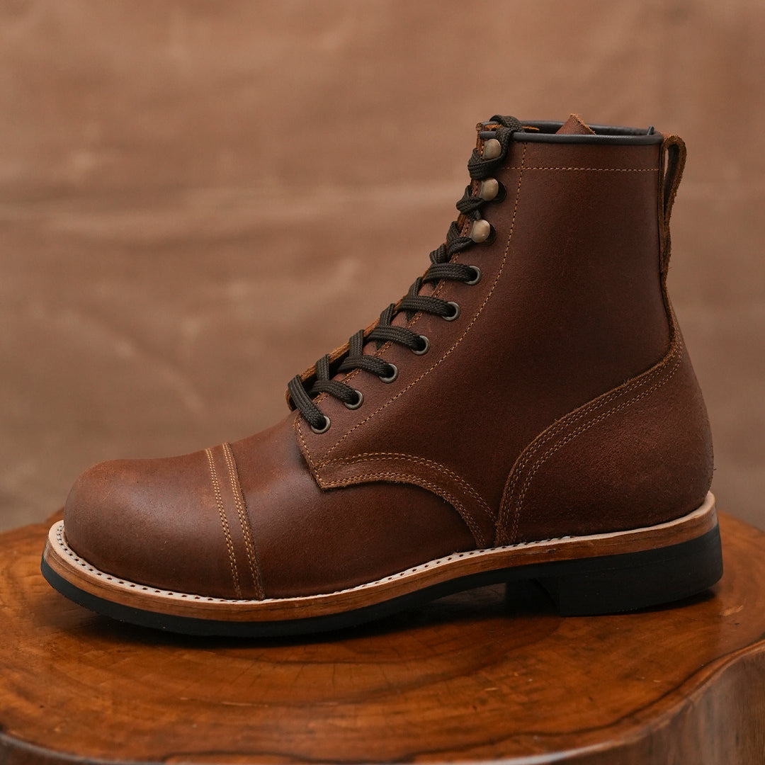 The Brandon Cap Toe Boots (Russet Waxed Roughout) (Munson Last - Goodyear Welted)