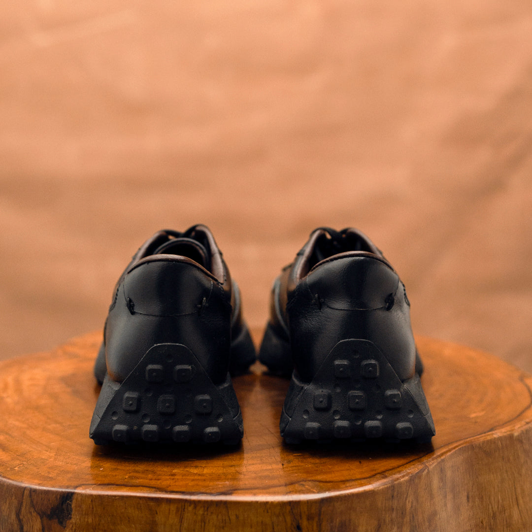 Old Skool Retro Leather Sneakers (Raven Black With Black Sole)