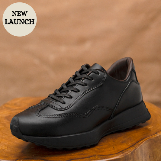 Classic Retro Leather Sneakers (Raven Black With Black Sole)