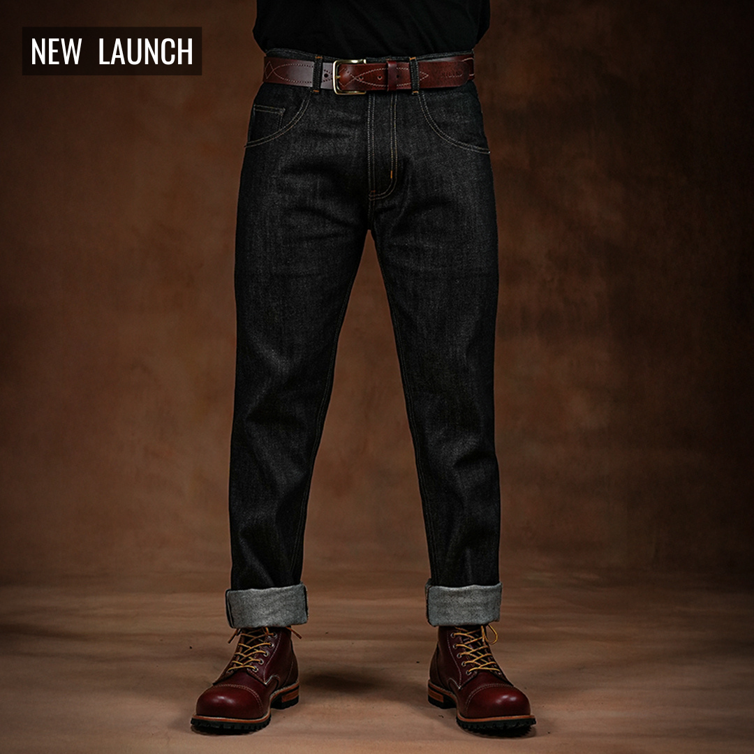 Five Pocket Ghost Black 13 Oz Selvedge Denim For Men (Slim Straight)