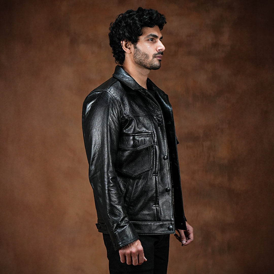 PREMIUM BLACK TYPEⅡ TRUCKER LEATHER JACK Trucker Type 2 Leather Jacket (Raven Black) – Craft & Glory