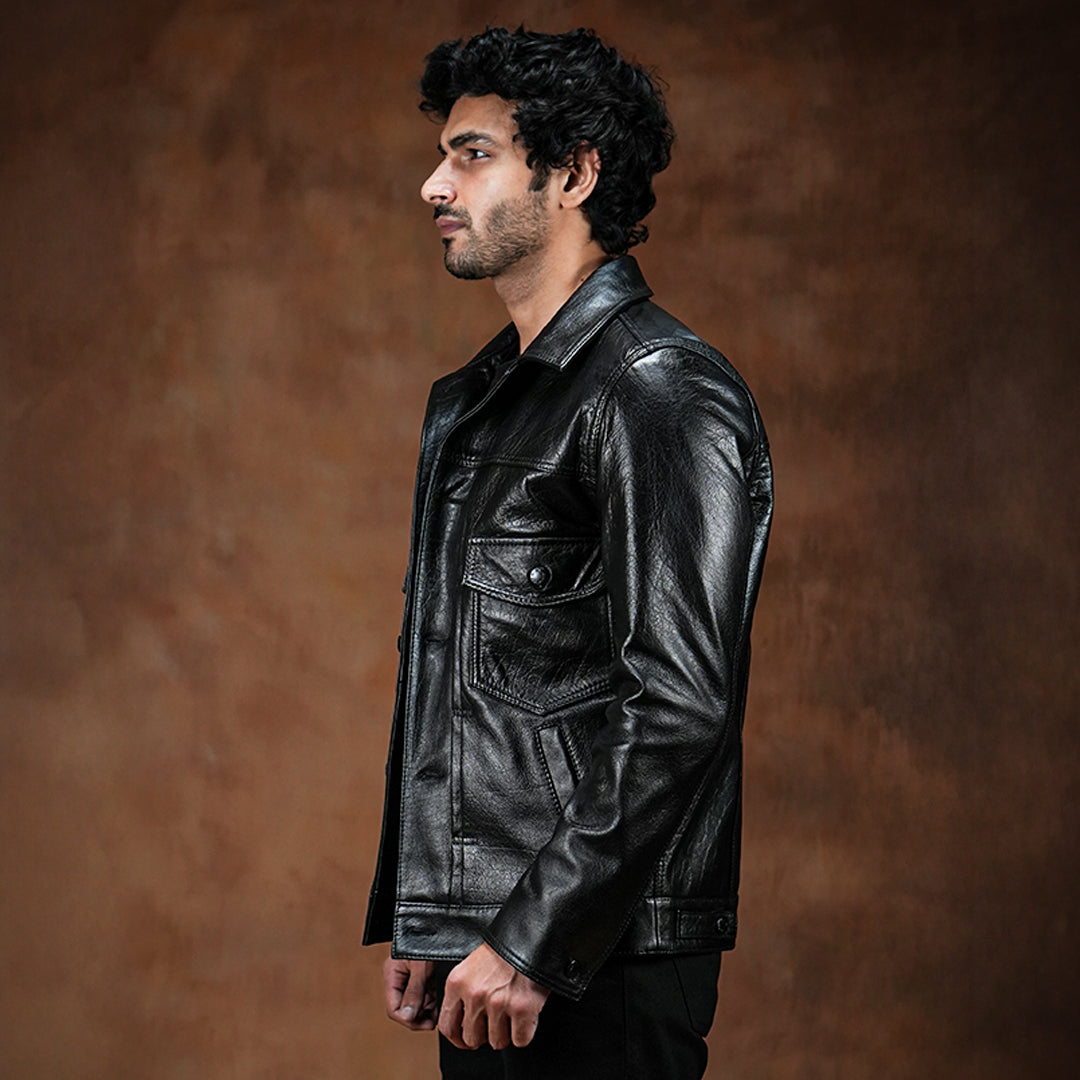 PREMIUMBLACK TYPEⅡ TRUCKERLEATHER JACKET Trucker Type 2 Leather Jacket (Raven Black) – Craft & Glory