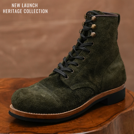 The Brandon Cap Toe Boots (Grizzly Green Roughout) (Munson Last - Goodyear Welted)