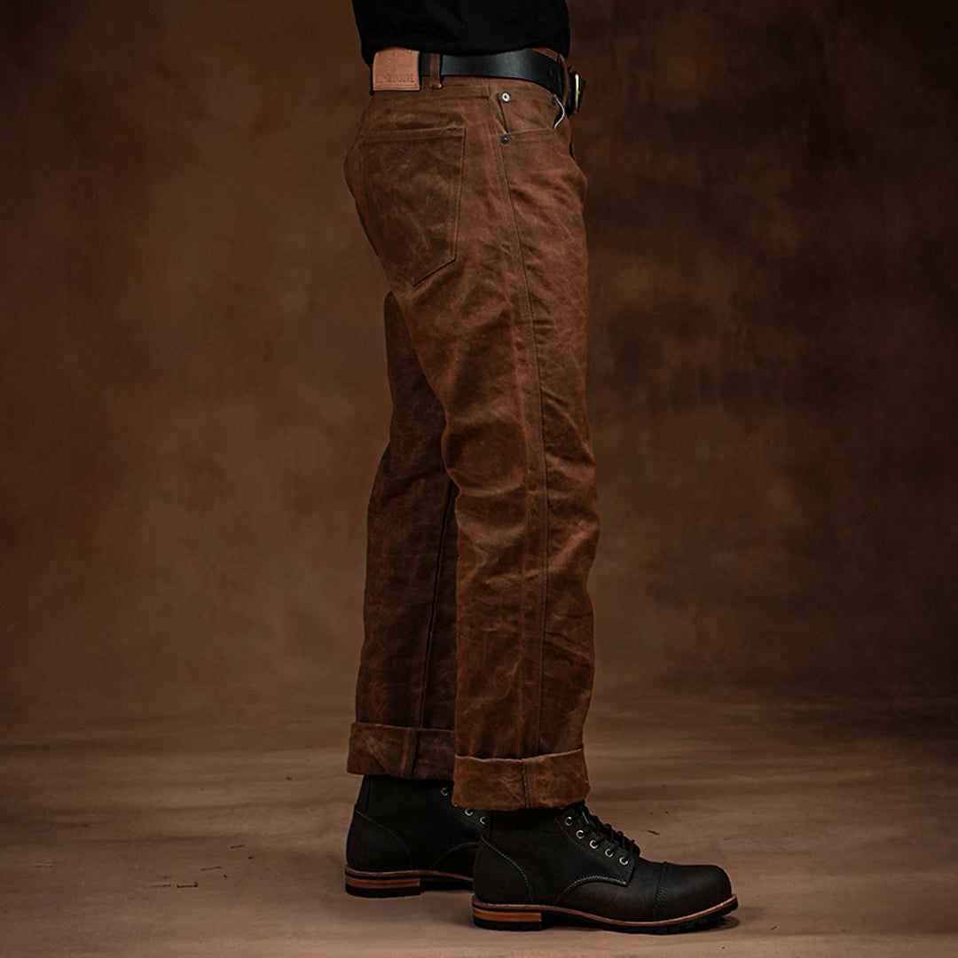 Five Pocket Bear Brown 12 Oz Hard Waxed Canvas Pants For Men (True Straight)