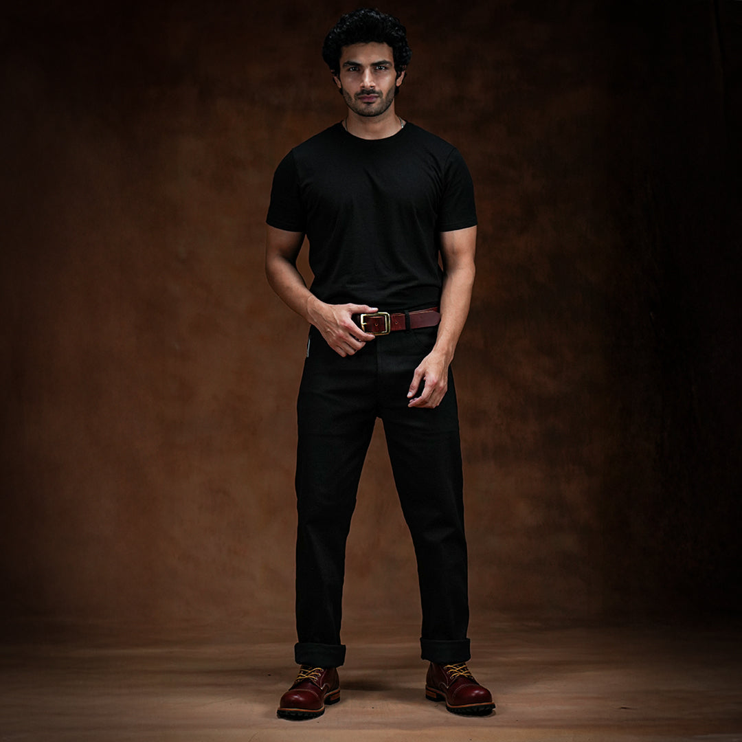 Five Pocket Double Black 14 Oz Selvedge Denim For Men (True Straight)