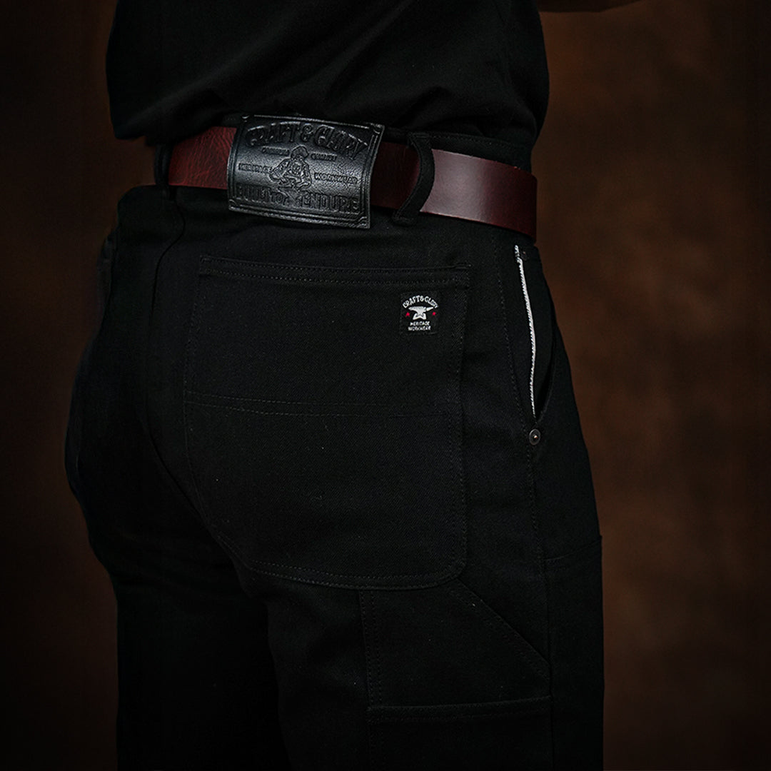 Double Knee Carpenter Double Black 14 Oz Selvedge Denim For Men (True Straight)