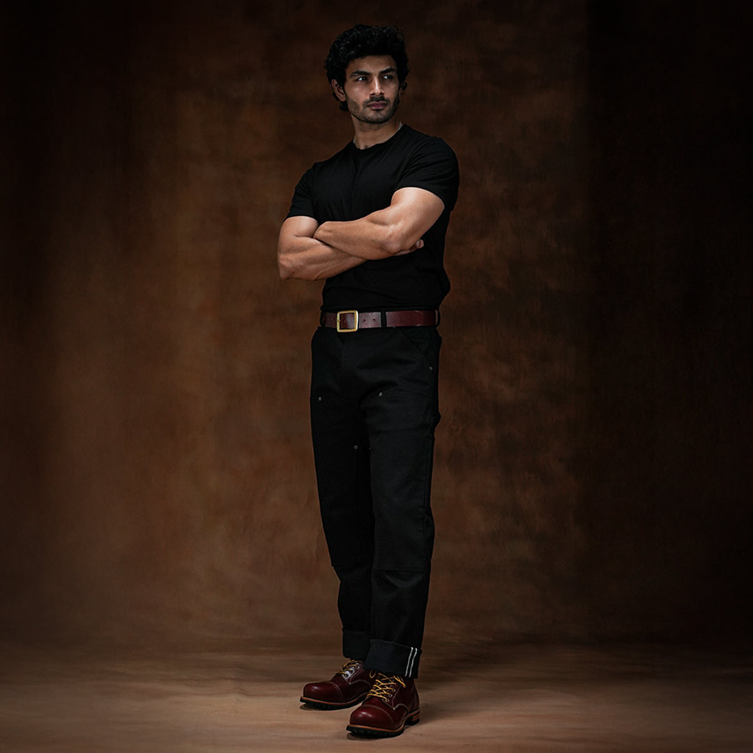 Double Knee Carpenter Double Black 14 Oz Selvedge Denim For Men (True Straight)