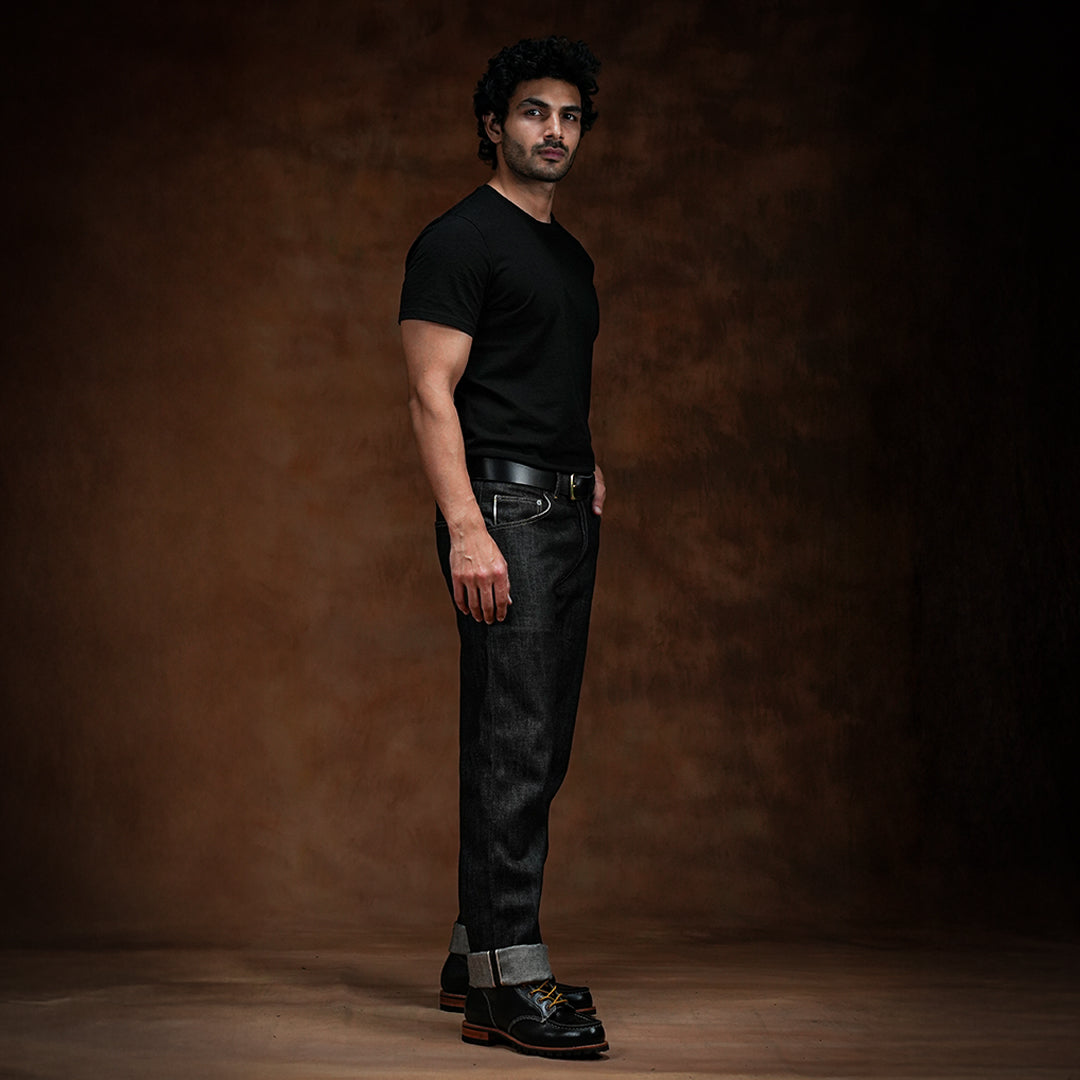 Five Pocket Ghost Black 13 Oz Selvedge Denim For Men (True Straight)