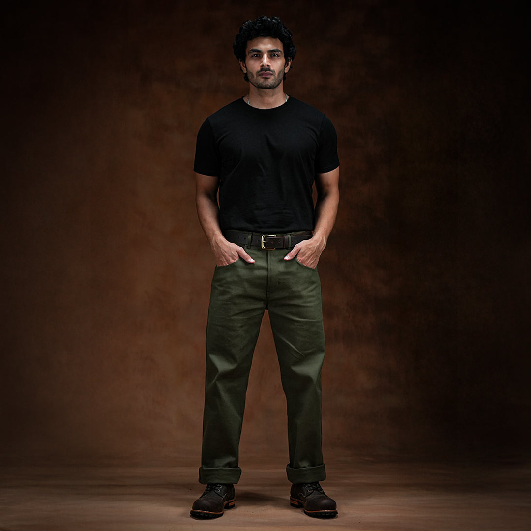 Five Pocket Military Green 12 Oz Selvedge Canvas Pants For Men (True Straight)