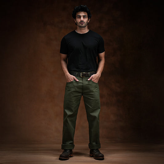 Five Pocket Military Green 12 Oz Selvedge Canvas Pants For Men (True Straight)