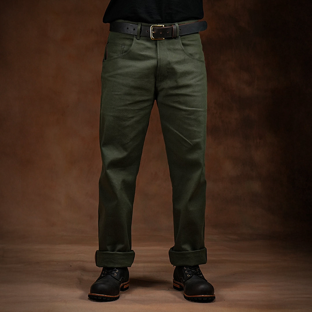 Five Pocket Military Green 12 Oz Selvedge Canvas Pants For Men (True Straight)