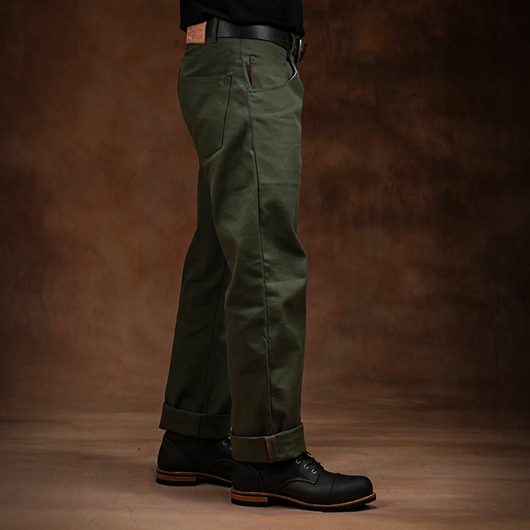 Five Pocket Military Green 12 Oz Selvedge Canvas Pants For Men (True Straight)